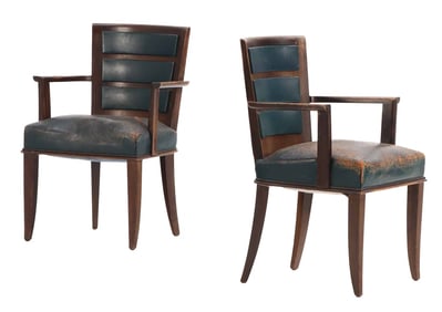 PAIR OF FRENCH LEATHER AND WOOD OPEN ARM CHAIRS WITH SEGMENTED UPHOLSTERED BACKS C 1940