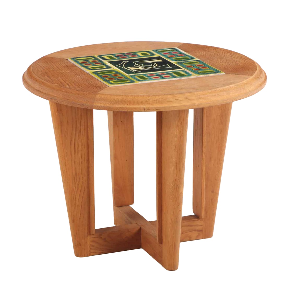 FRENCH OAK AND TILE OCCASIONAL TABLE BY GUILLERME AND CHAMBRON C 1970.: French oak and tile occasional table by Guillerme and Chambron C 1970. Ht: 18.5" Dia: 24"