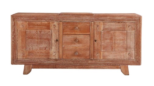 FRENCH CERUSED OAK SIDEBOARD HAVING THREE DRAWERS AND TWO DOORS C 1940.