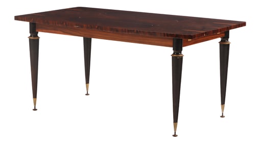 FRENCH FIGURED WALNUT INLAID DINING TABLE HAVING EBONIZED TAPERED LEGS AND PULL OUT SLIDES TO