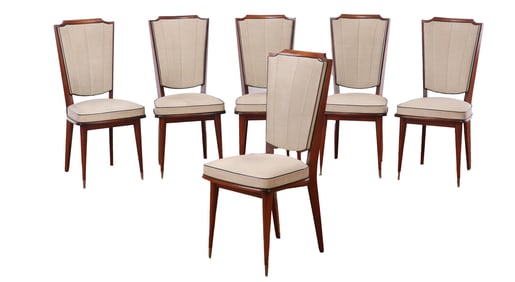 SIX FRENCH UPHOLSTERED BACK WALNUT DINING CHAIRS C 1950.