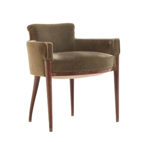 FRENCH MAHOGANY UPHOLSTERED CHAIR IN THE MANNER OF RUHLMANN C 1940.