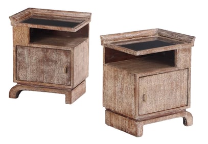 PAIR CERUSED OAK NIGHT STANDS HAVING A SINGLE DOOR AND BLACK GLASS TOPS C 1950.