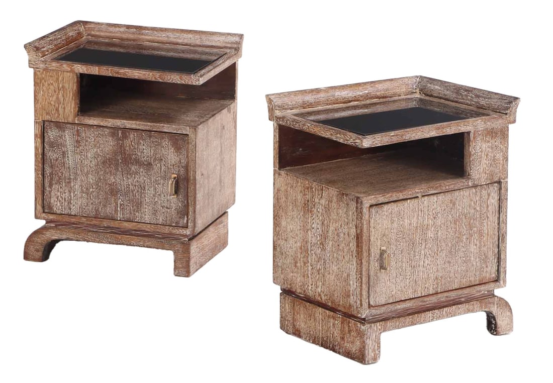 PAIR CERUSED OAK NIGHT STANDS HAVING A SINGLE DOOR AND BLACK GLASS TOPS C 1950. (1 of 6)