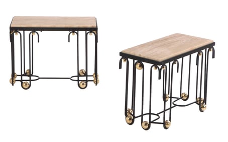 PAINTED IRON AND BRASS MARBLE TOP END TABLES IN THE MANNER OF JEAN ROYERE.