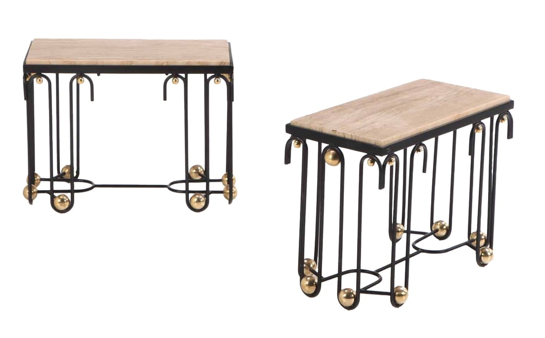PAINTED IRON AND BRASS MARBLE TOP END TABLES IN THE MANNER OF JEAN ROYERE. (1 of 4)