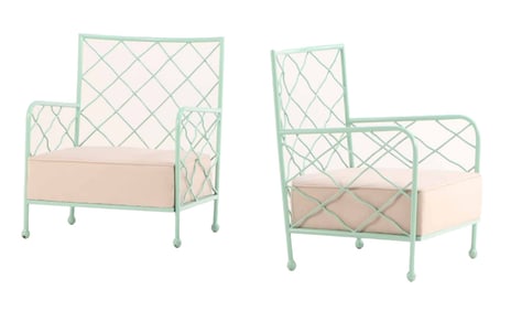 LARGE PAIR OF PAINTED IRON LOUNGE CHAIRS IN THE MANNER OF JEAN ROYERE HAVING LOOSE CUSHION