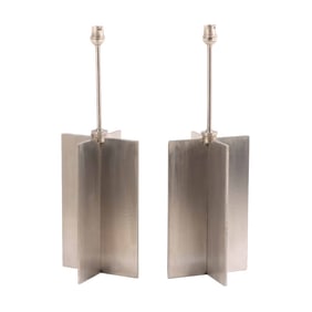 PAIR STAINLESS STEEL TABLE LAMPS IN THE MANNER OF JEAN-MICHEL FRANK.