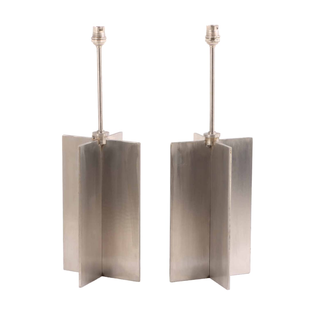 PAIR STAINLESS STEEL TABLE LAMPS IN THE MANNER OF JEAN-MICHEL FRANK. (1 of 5)