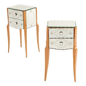 PAIR OF FRENCH ETCHED AND FACETED MIRRORED NIGHT STANDS HAVING TWO DRAWERS C 1950.