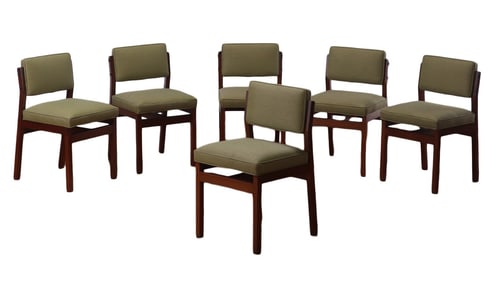 SIX MAHOGANY DANISH STYKE DINING CHAIRS C 1950 HAVING NEW FABRIC,