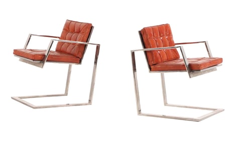 PAIR OF STEEL AND LEATHER OPEN ARM CHAIRS C 1970.