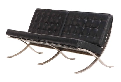 ONE OF TWO BARCELONA STYLE LEATHER TWO SEAT BENCHES C 1975.