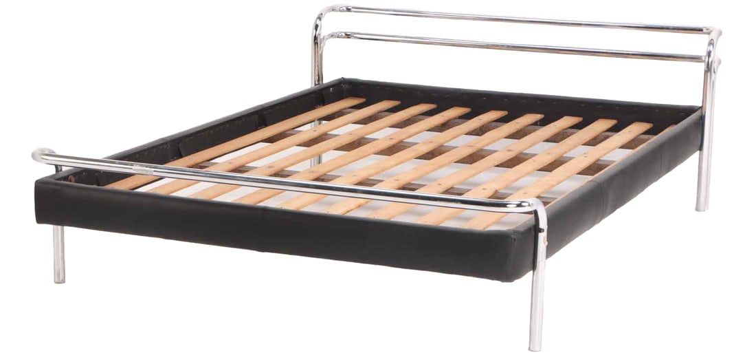 FULL SIZE LEATHER AND CHROME PLATED BED C 1975 ATTRIBUTED TO CHURBA.: Full size leather and chrome plated bed C 1975 attributed to Churba. Interior Wd: 52.5" Dpth: 74" Ht: 23.5" Wd: 58" Dpth: 78.5"