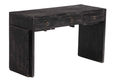 DARK CERUSED OAK WRITING DESK HAVING THREE DRAWERS AND PULL OUT EXTENSIONS FOR ADDITIONAL SURFACE