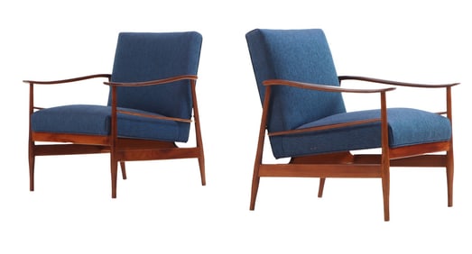 PAIR WALNUT OPEN ARMCHAIRS C 1950 HAVING NEW FABRIC.