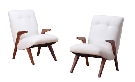 PAIR DANISH STYLE ARMCHAIRS C 1950 HAVING FLOATING ARMS AND NEW FABRIC C 1950.