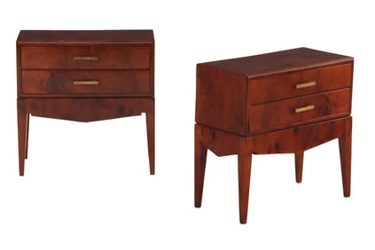 PAIR BURL WALNUT TWO DRAWER NIGHT STANDS C 1950.