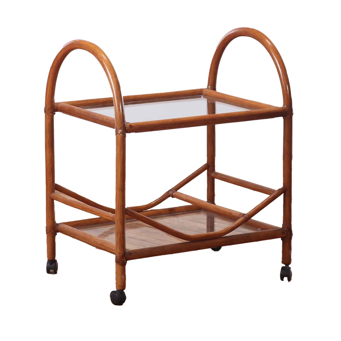 BENTWOOD AND GLASS BAR CART C 1970.: Bentwood and glass bar cart C 1970. Ht: 31.5" Wd: 26" Dpth: 18.5"