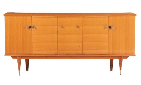 A SIMPLE FRENCH OAK FIVE DOOR SIDEBOARD HAVING A CENTRAL MIRRORED BAR COMPARTMENT C 1950.