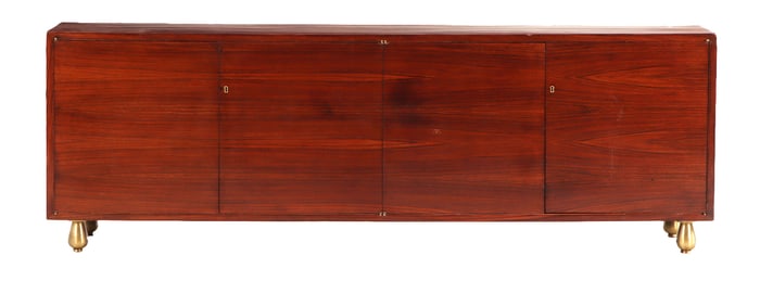 FOUR DOOR ROSEWOOD SIDEBOARD C 1950 HAVING BRONZE LEGS AND OPENING TO DRAWERS AND SHELVES.
