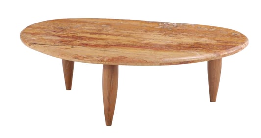WOOD AND MARBLE COFFEE TABLE HAVING A SHAPED TOP.