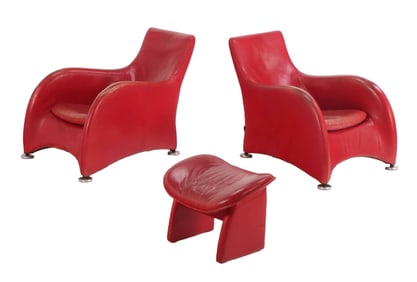 LARGE PAIR OF RED LEATHER LOUNGE CHAIRS WITH MATCHING OTTOMAN BY GERARD VAN DEN BERG