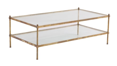BRASS AND GLASS TWO TIER COFFEE TABLE WITH BALL FORM FINIALS C 1970.