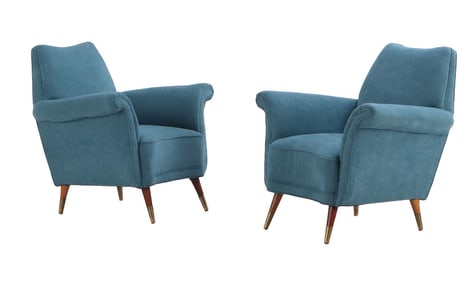 PAIR UPHOLSTERED LOUNGE CHAIRS IN THE MANNER OF ICO PARISI HAVING FLARED ARMS AND NEW FABRIC C