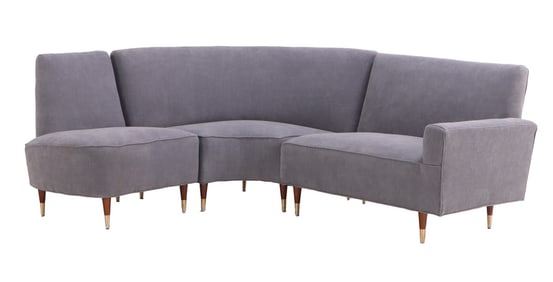THREE PIECE CURVED SOFA C 1950 HAVING NEW FABRIC. SECTIONS CAN BE USED SEPERATELY.