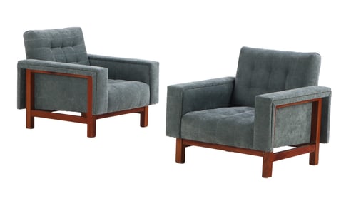 PAIR WALNUT LOUNGE CHAIRS WITH "FRAMED ENDS" AND NEW FABRIC C 1960.