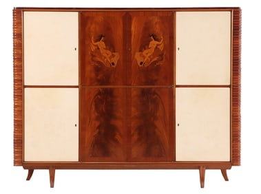 MAHOGANY AND PARCHMENT BAR CABINET C 1950 BY BONTA. THE CASE HAVING EIGHT DOORS WITH INLAID