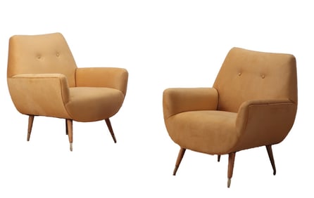 PAIR OF ITALIAN LOUNGE CHAIRS C 1950 HAVING NEW FABRIC.