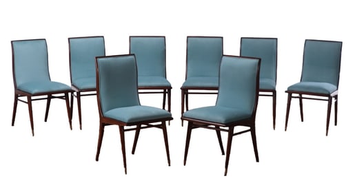 EIGHT ITALIAN MAHOGANY UPHOLSTERED DINING CHAIRS C 1950 HAVING NEW FABRIC.