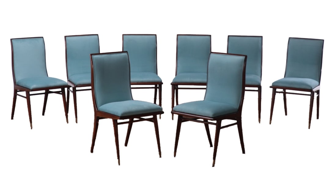 EIGHT ITALIAN MAHOGANY UPHOLSTERED DINING CHAIRS C 1950 HAVING NEW FABRIC. (1 of 6)