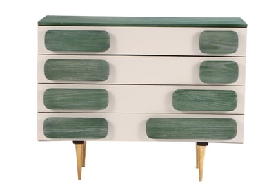 ONE OF TWO DRESSERS IN THE MANNER OF GIO PONTI HAVING GREEN TINTED FINISH.