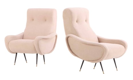 PAIR OF UPHOLSTERED LOUNGE CHAIRS ON IRON LEGS IN THE MANNER OF MARCO ZANUSO WITH NEW BOUCLE TYPE