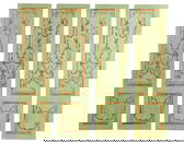 FOUR PAINT DECORATED WOOD PANELS HAVING CHINESE MOTIFS C 1940. FORMERLY A ROOM DIVIDER.