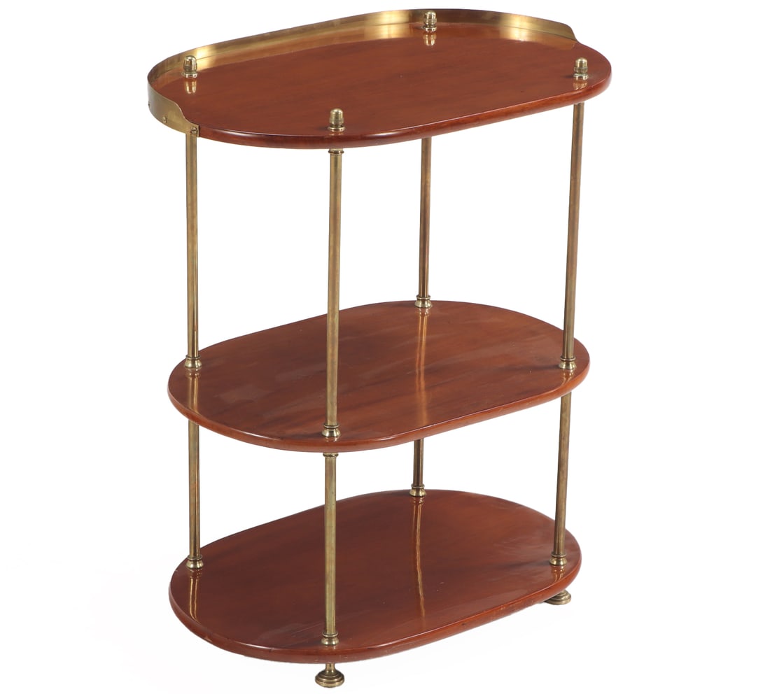 ENGLISH MAHOGANY AND BRASS THREE TIER SHELF C 1900. (1 of 6)