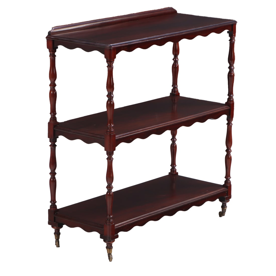 LATE NINETEENTH CENTURY MAHOGANY OPEN BOOKCASE HAVING TURNED STANDARDS AND RESTING ON BRASS (1 of 5)