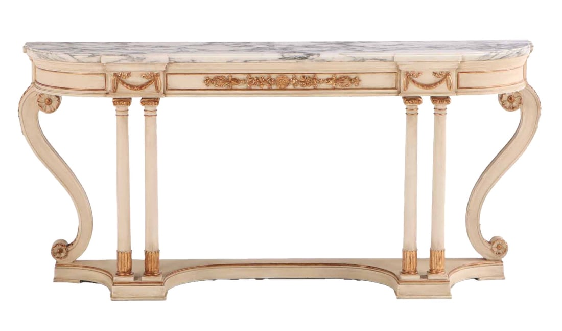A PAINTED AND GILTWOOD MARBLE TOP CONSOLE TABLE HAVING ACANTHUS LEAF CARVINGS AND ROUND COLUMNS (1 of 5)