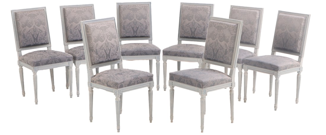 EIGHT FRENCH LOUIS XVI STYLE PAINTED DINING ROOM CHAIRS WITH RECENT FABRIC. (1 of 8)