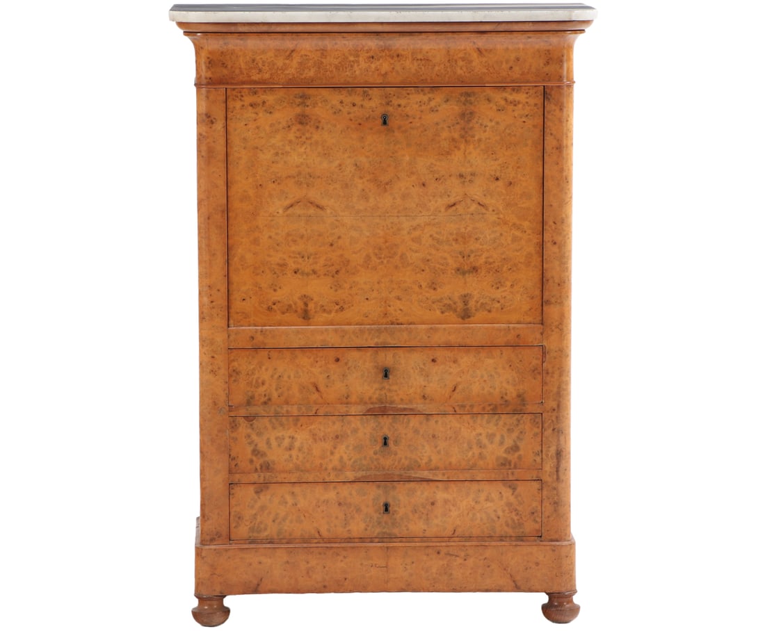 FRENCH BURL WOOD MARBLE TOP SECRETARY DESK C 1840 HAVING AN ELABORATE INTERIOR WITH SECRET DRAWERS. (1 of 9)