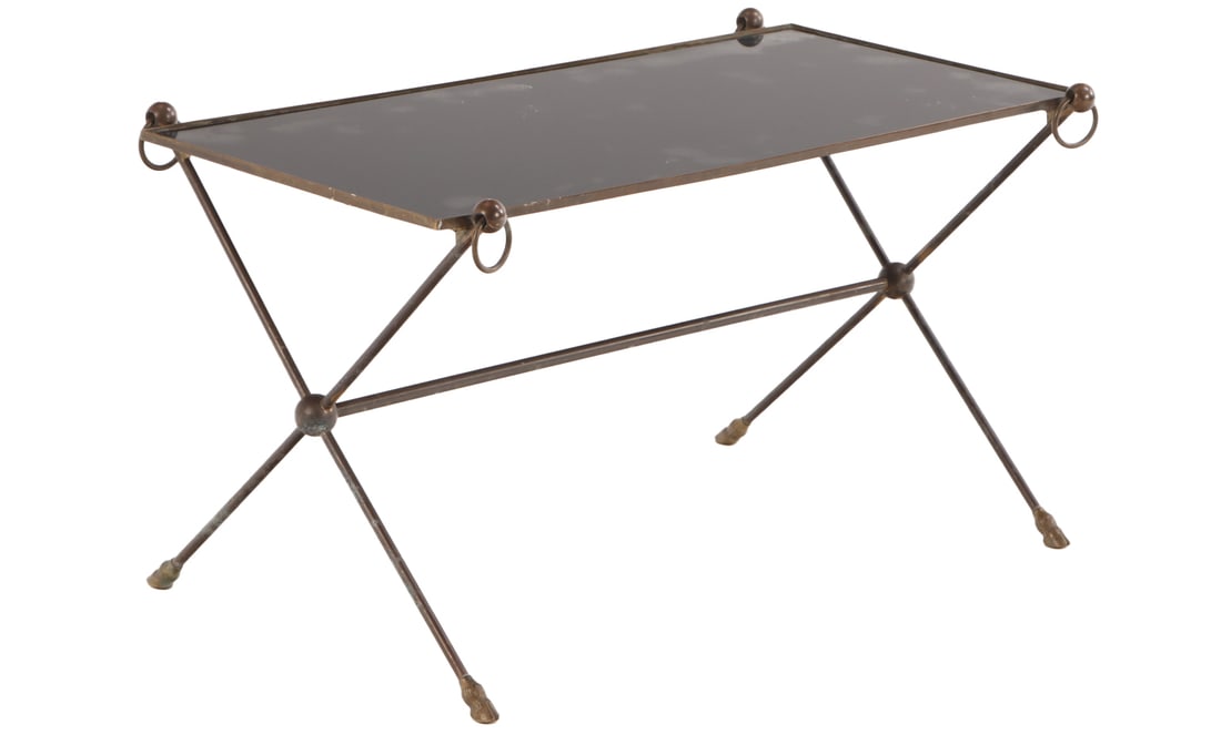 FRENCH BRASS AND MIRROR COFFEE TABLE IN THE MANNER OF JACQUE ADNET C 1945. (1 of 6)