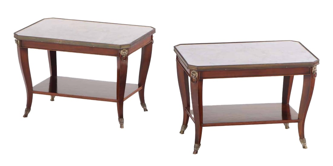 PAIR OF MAHOGANY BRONZE MOUNTED MARBLE TOP END TABLES IN THE DIRECTOIRE STYLE HAVING HOOVED FEET (1 of 5)