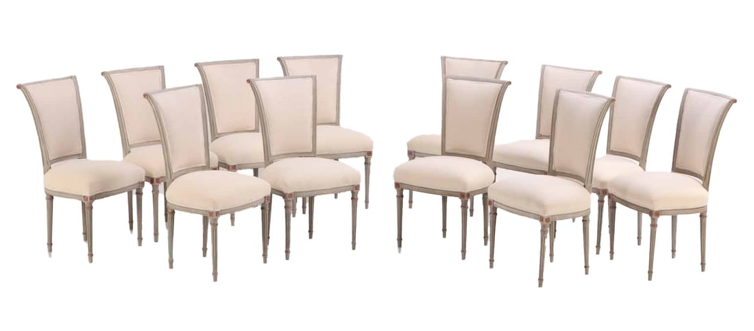 TWELVE PAINTED AND GILTWOOD FRENCH DINING CHAIRS IN THE LOUIS XVI STYLE C 1940 HAVING BEEN RECENTLY (1 of 6)