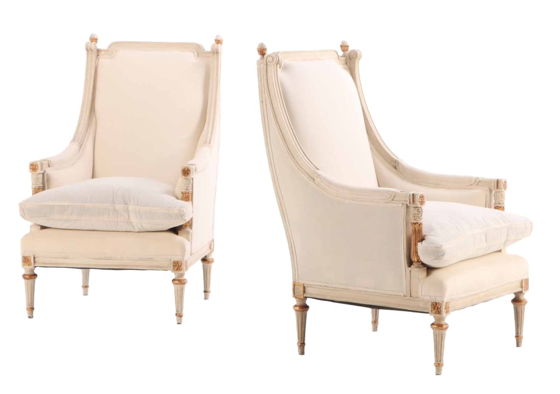 PAIR OF LOUIS XVI STYLE GILTWOOD AND PAINTED BERGERE CHAIRS HAVING TALL BACKS C 1930.: Pair of Louis XVI style giltwood and painted bergere chairs having tall backs C 1930. Ht: 45" Wd: 27" Dpth: 32" Seat: 21"