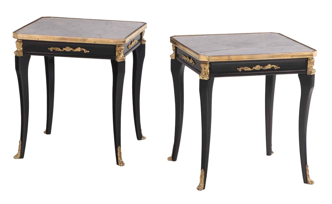 PAIR OF EBONIZED MARBLE TOP BRONZE MOUNTED END TABLES C 1945. (1 of 5)