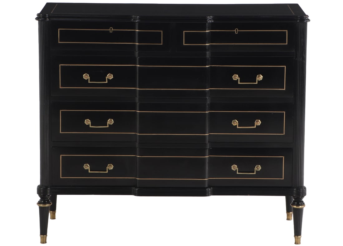 FIVE DRAWER EBONIZED FIVE DRAWER DRESSER IN THE DIRECTOIRE STYLE HAVING BRASS INLAY  C 1940. (1 of 6)