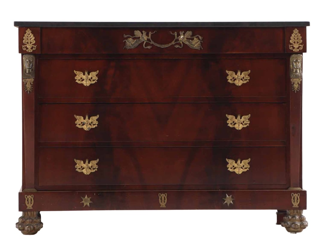 FLAME MAHOGANY EMPIRE STYLE COMMODE HAVING A MARBLE TOP AND BRONZE MOUNTS C 1940. (1 of 6)